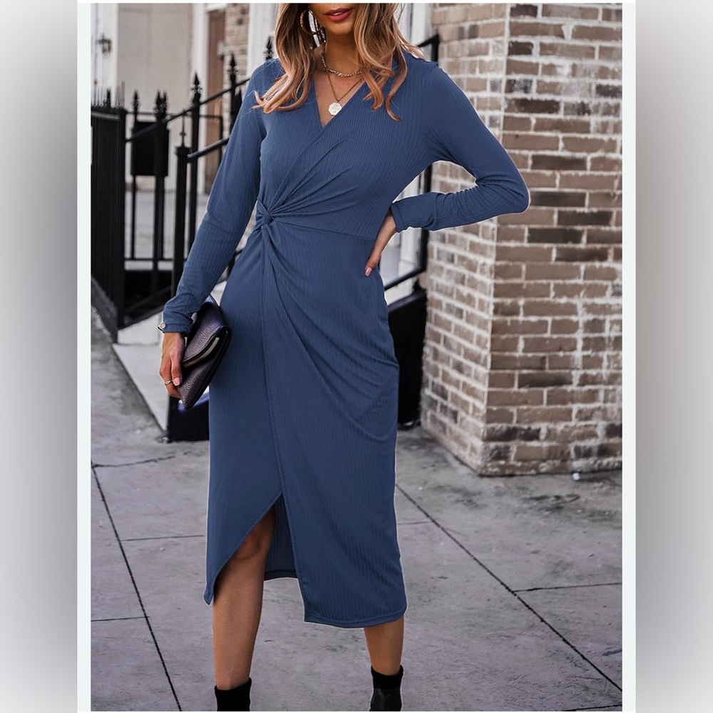 Blue Asymmetrical Wrap Dress with‎ Long Sleeves